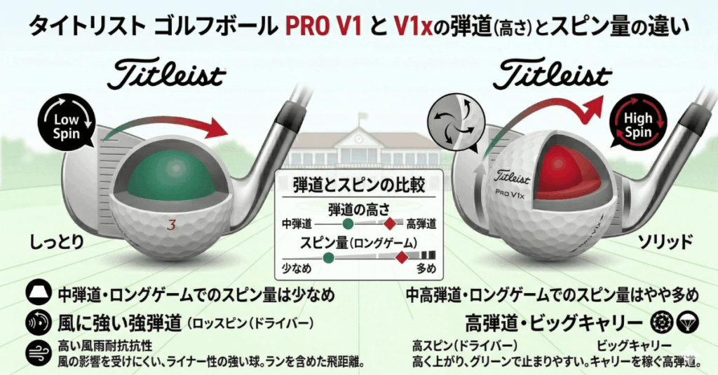タイトリスト「PRO V1」と「PRO V1x」弾道（高さ）とスピン量の違い