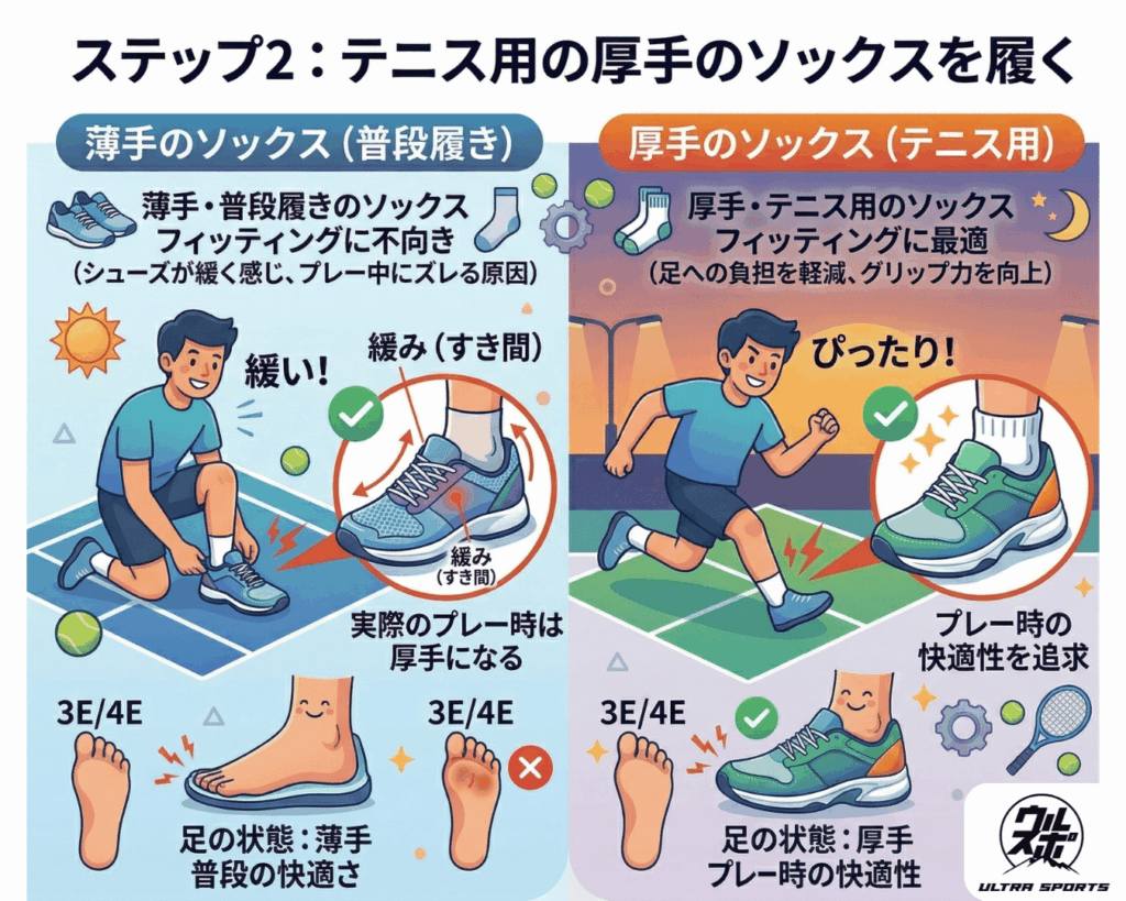 テニスシューズの正しい試し履きのステップ