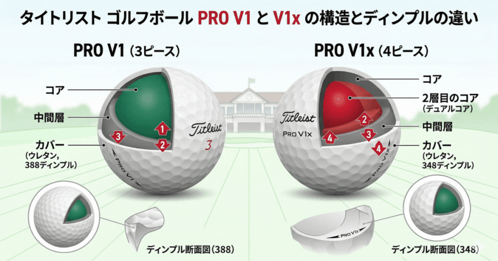 タイトリスト「PRO V1」と「PRO V1x」構造とディンプルの違い