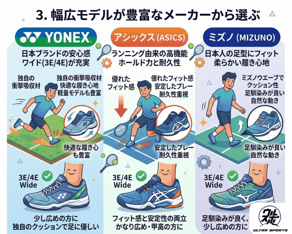 失敗しない!幅広・甲高向けテニスシューズの選び方