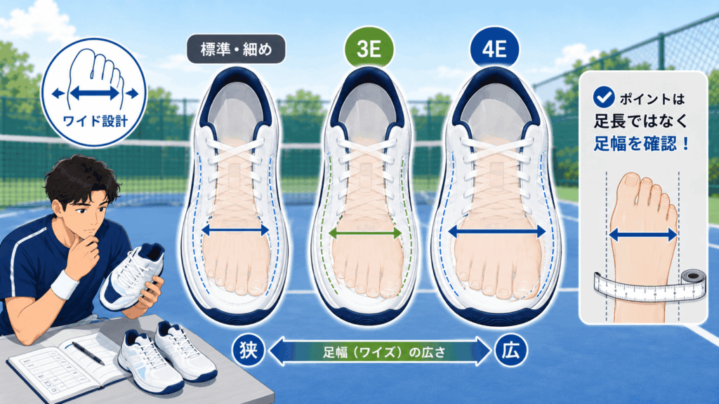 ① 足幅に合うワイズ表記（3E・4E・ワイド）を確認する