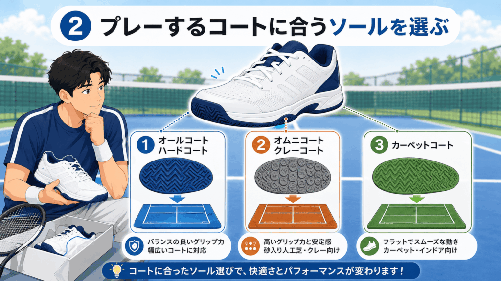 ② プレーするコートに合うソールを選ぶ