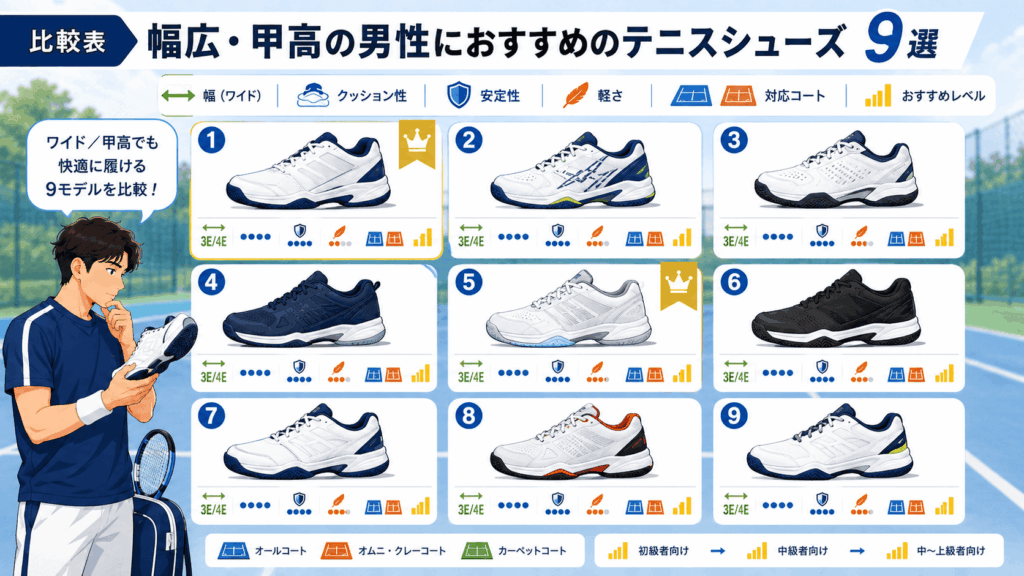 【比較表】メンズ向け幅広・甲高テニスシューズおすすめ9選