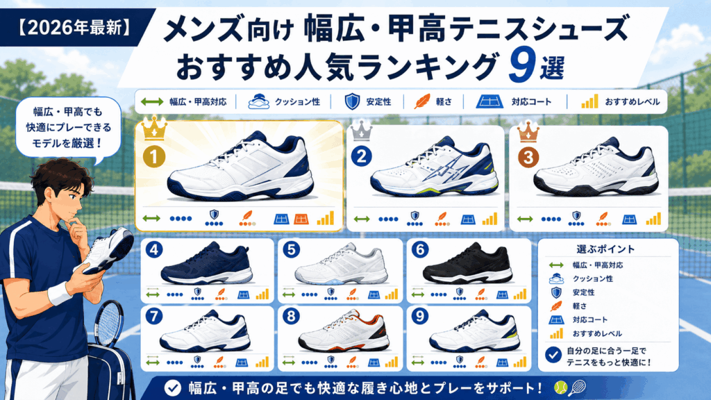 【2026年最新】メンズ向け幅広・甲高テニスシューズおすすめ人気ランキング9選
