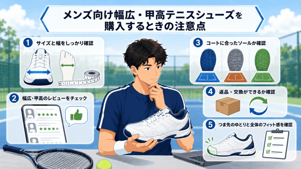 メンズ向け幅広・甲高テニスシューズを購入するときの注意点