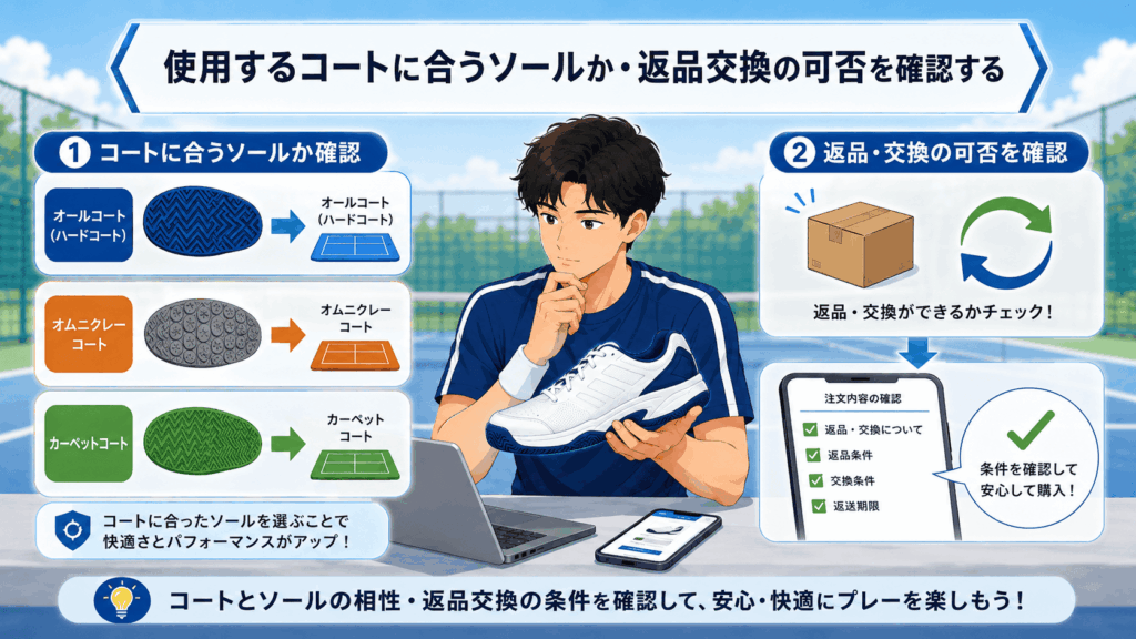 使用するコートに合うソールか・返品交換の可否を確認する