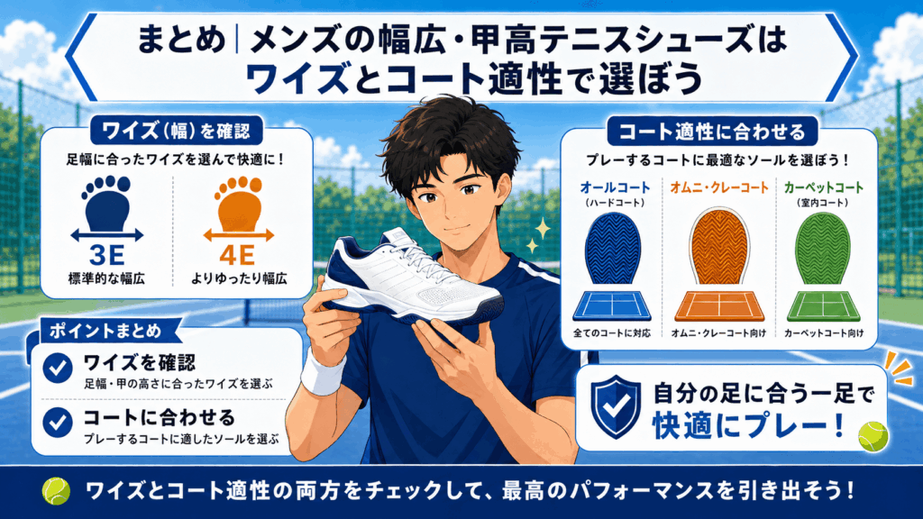 まとめ｜メンズの幅広・甲高テニスシューズはワイズとコート適性で選ぼう