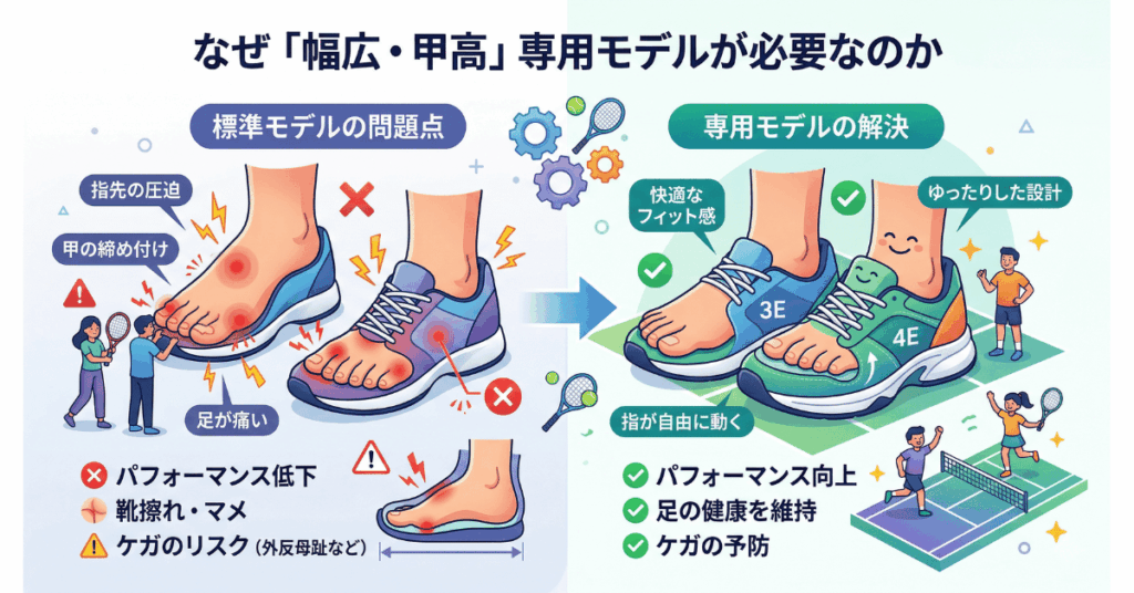 幅広・甲高さんに合うテニスシューズとは？