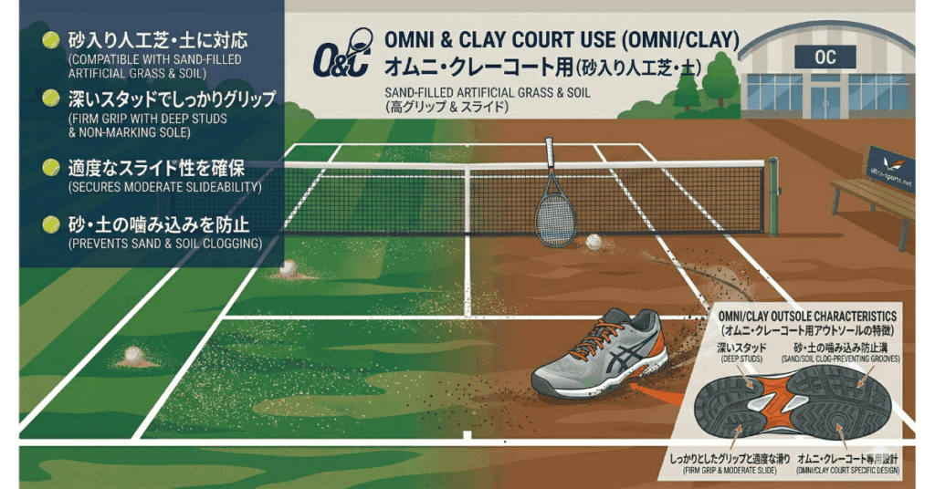 オムニ・クレーコート用(砂入り人工芝・土)