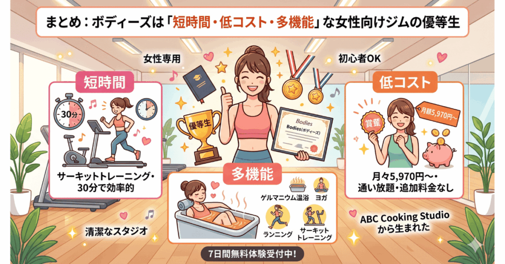まとめ：ボディーズは「短時間・低コスト・多機能」な女性向けジムの優等生