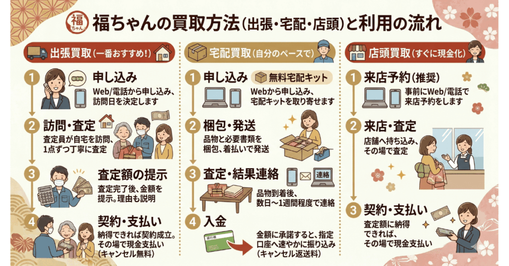 福ちゃんの買取方法（出張・宅配・店頭）と利用の流れ