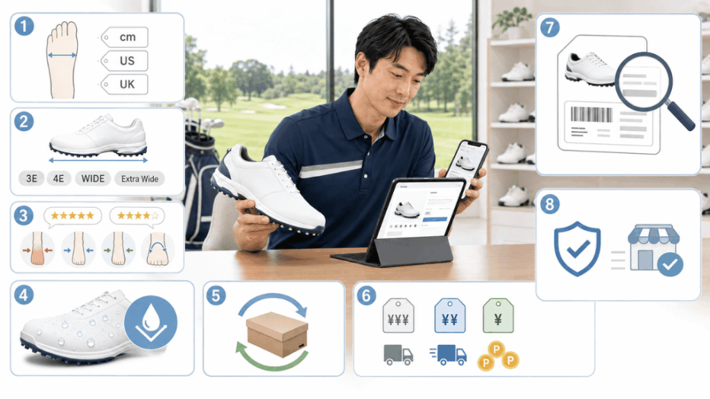 Amazonや楽天でゴルフシューズのサイズと口コミを確認するイメージ