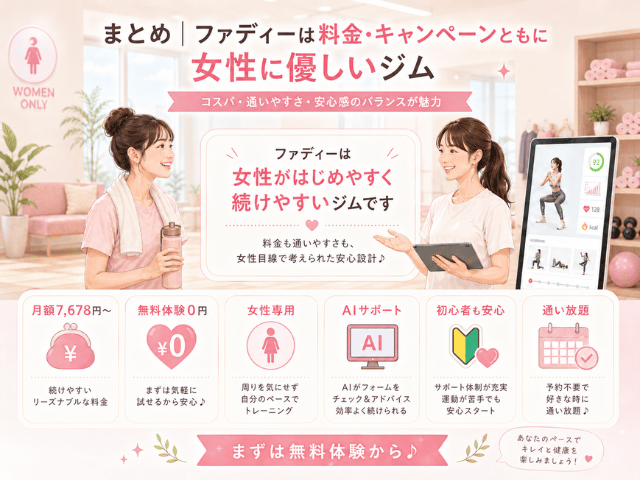 まとめ｜ファディーは料金・キャンペーンともに女性に優しいジム