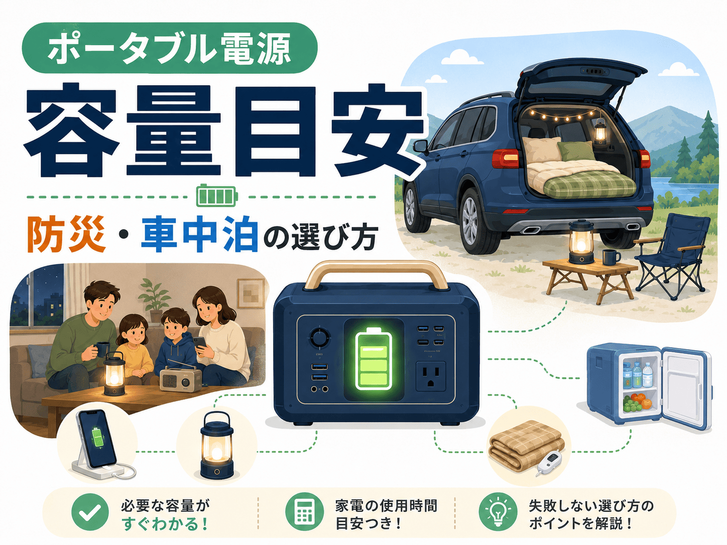 ポータブル電源の容量目安は?防災・車中泊別の選び方を解説