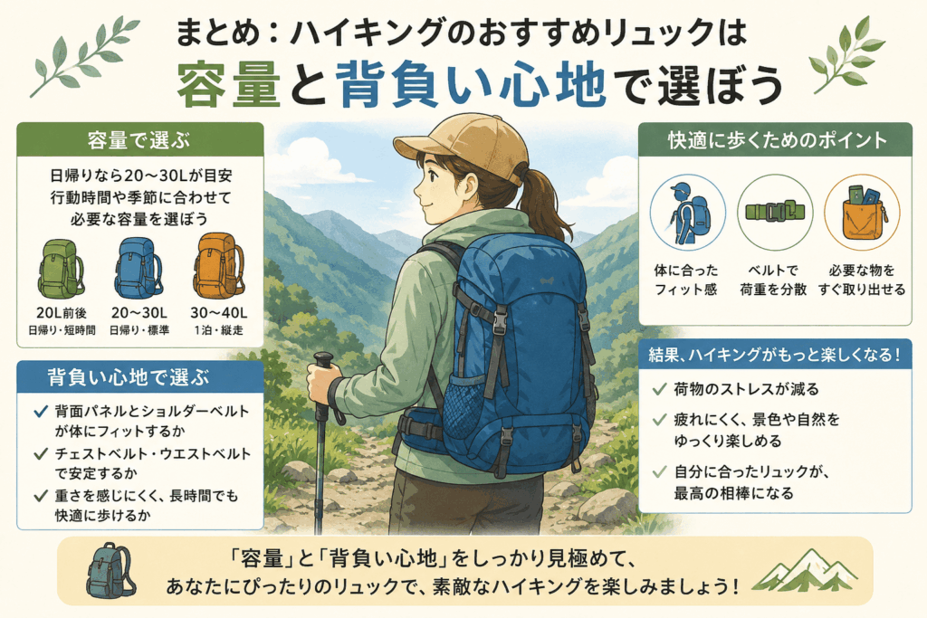 まとめ：ハイキングのおすすめリュックは容量と背負い心地で選ぼう