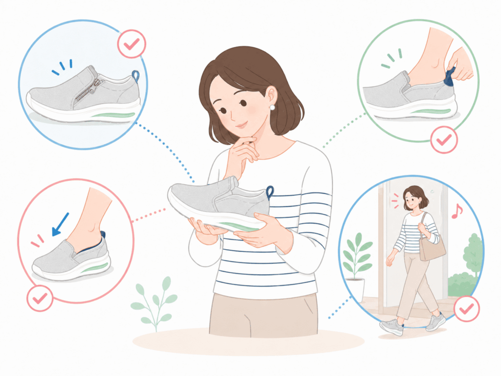 脱ぎ履きしやすいファスナー付きやスリッポンも検討する