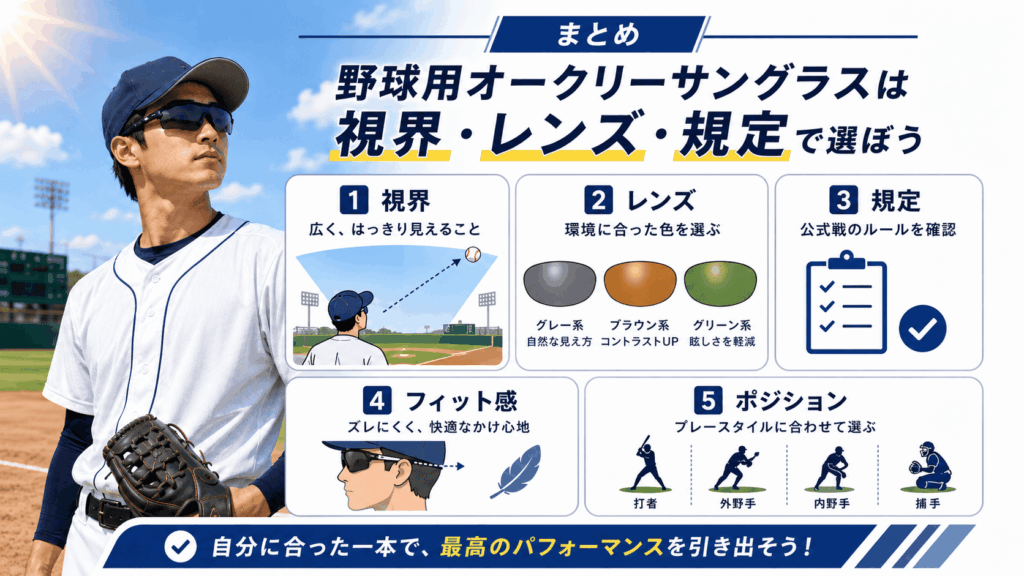 まとめ｜野球用オークリーサングラスは視界・レンズ・規定で選ぼう