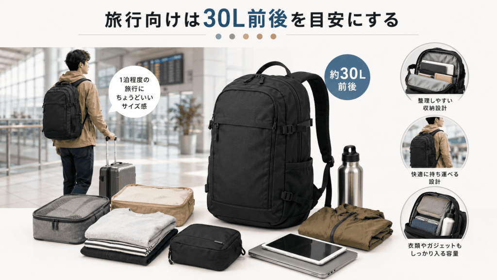旅行向けは30L前後を目安にする