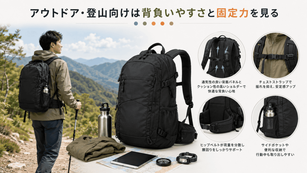 アウトドア・登山向けは背負いやすさと固定力を見る