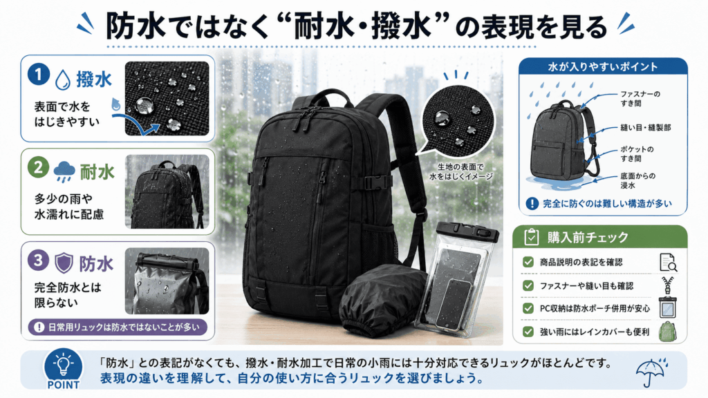 防水ではなく“耐水・撥水”の表現を見る