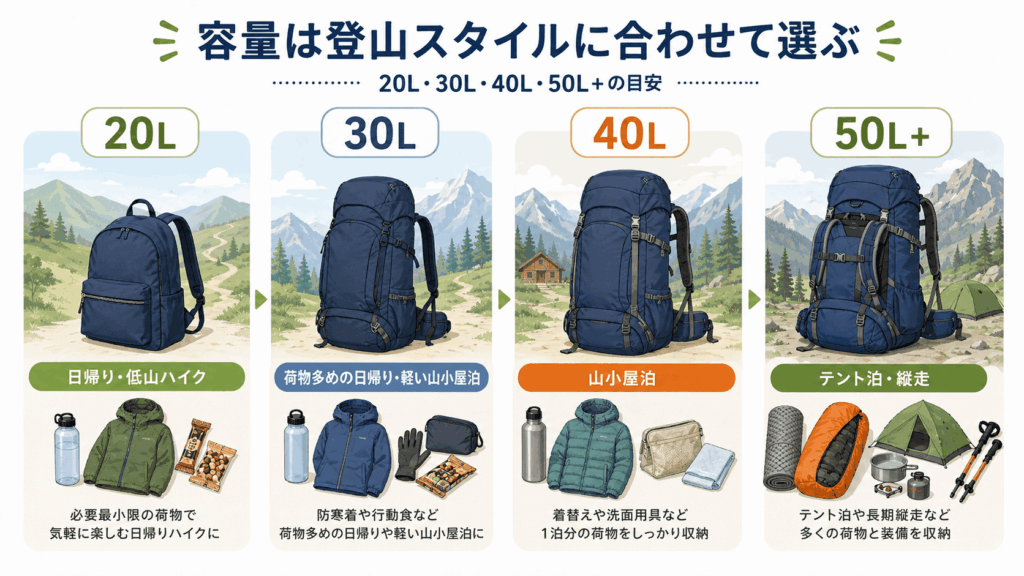 容量は登山スタイルに合わせて選ぶ