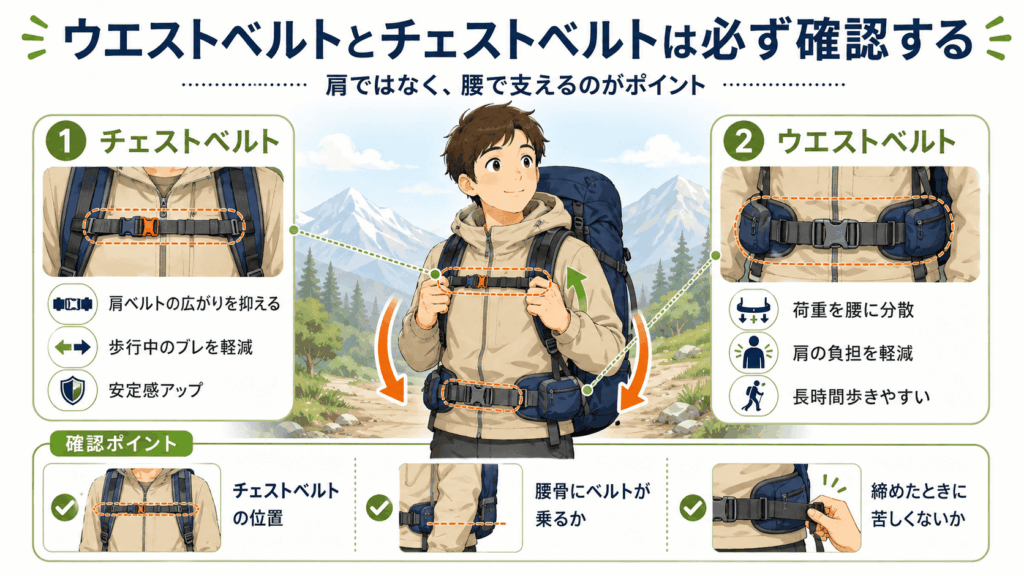 ウエストベルトとチェストベルトは必ず確認する