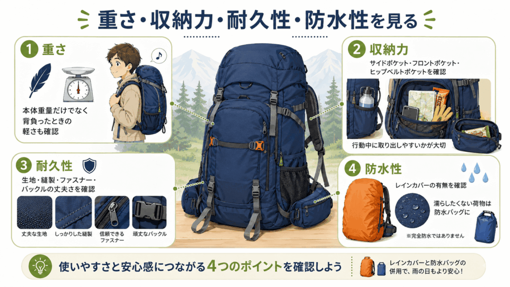重さ・収納力・耐久性・防水性を見る
