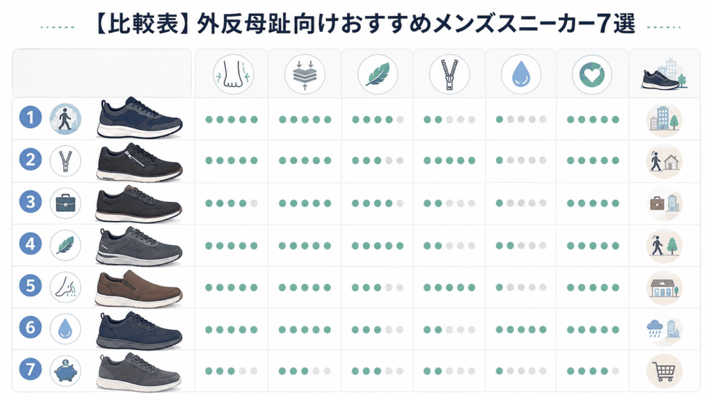 【比較表】外反母趾向けおすすめメンズスニーカー7選