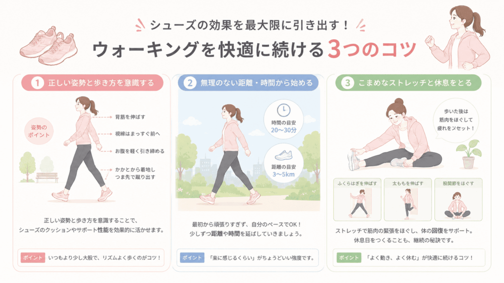 シューズの効果を最大限に引き出す!ウォーキングを快適に続ける3つのコツ