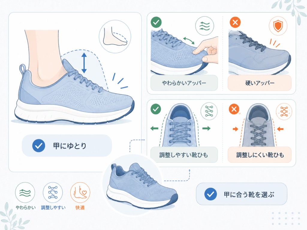 甲高の人はアッパー素材と靴ひもの形を見る