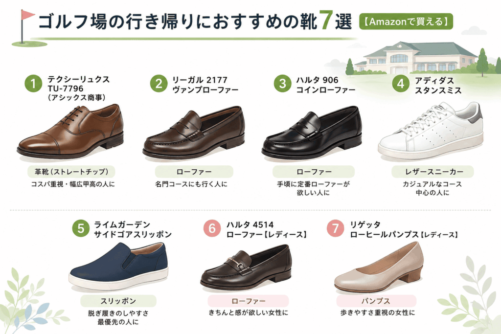 ゴルフ場の行き帰りにおすすめの靴7選【Amazonで買える】