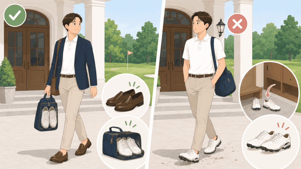 ゴルフシューズのまま行くのはNG